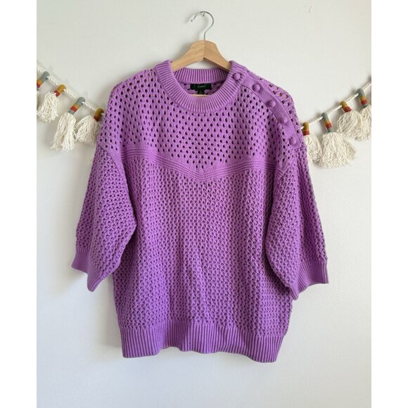 J. Crew Elbow Sleeve Crocheted Shoulder Buttons Pointelle Purple Boho Beachy L - Picture 1 of 9